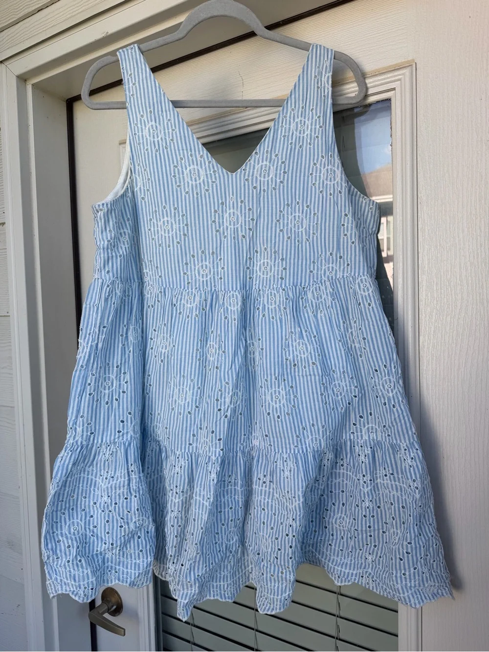 LOFT Light Blue Striped Embroidered Eyelet Tiered Dress